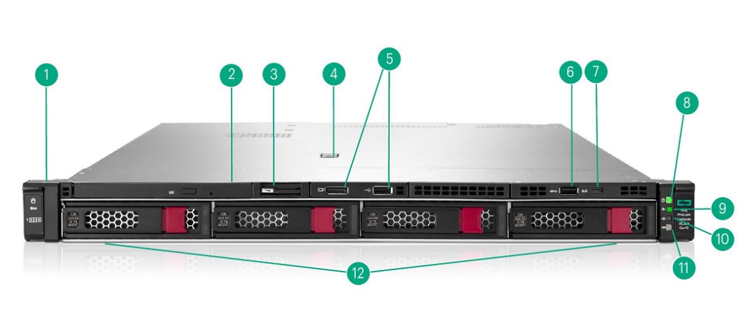 نمای جلویی – سرور ۴ درایو 3.5 اینچی LFF CTO – ۴ درایو LFF به‌علاوه گزینه‌های اختیاری درایو نوری، DisplayPort و USB 2.0