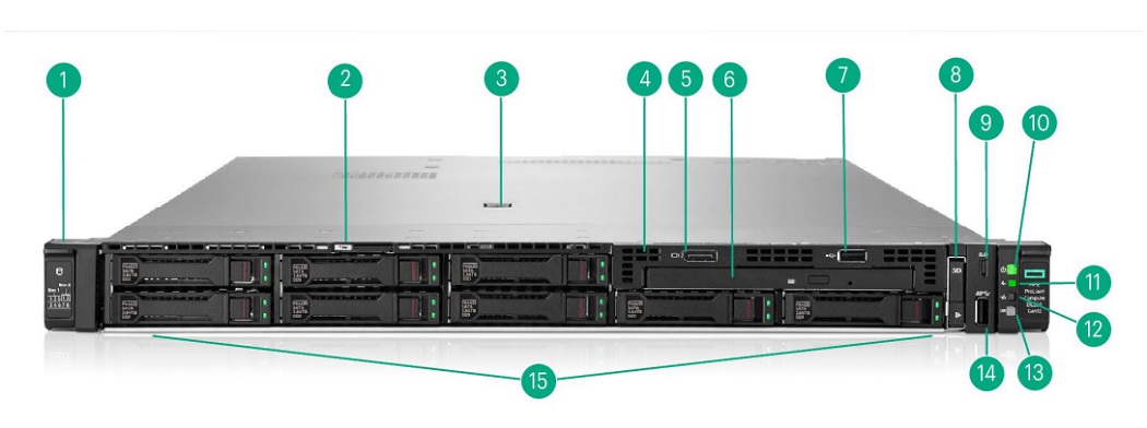 نمای جلویی – سرور ۸ درایو 2.5 اینچی SFF CTO – ۸ درایو SFF به‌علاوه گزینه Universal Media Bay (درایو نوری، DisplayPort، USB 2.0)