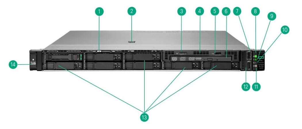 نمای جلویی SFF – با درگاه رسانه‌ای یونیورسال اختیاری، درایو نوری، DisplayPort و USB 2.0 سرور DL320 Gen12