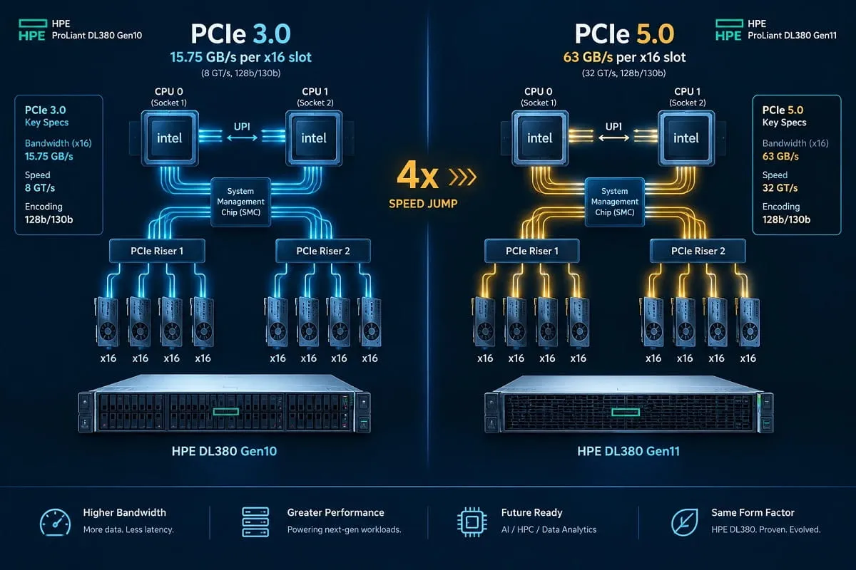 مقایسه پهنای باند اسلات PCIe 3.0 سرور Gen10 و PCIe 5.0 سرور Gen11 در کارت گرافیک انویدیا